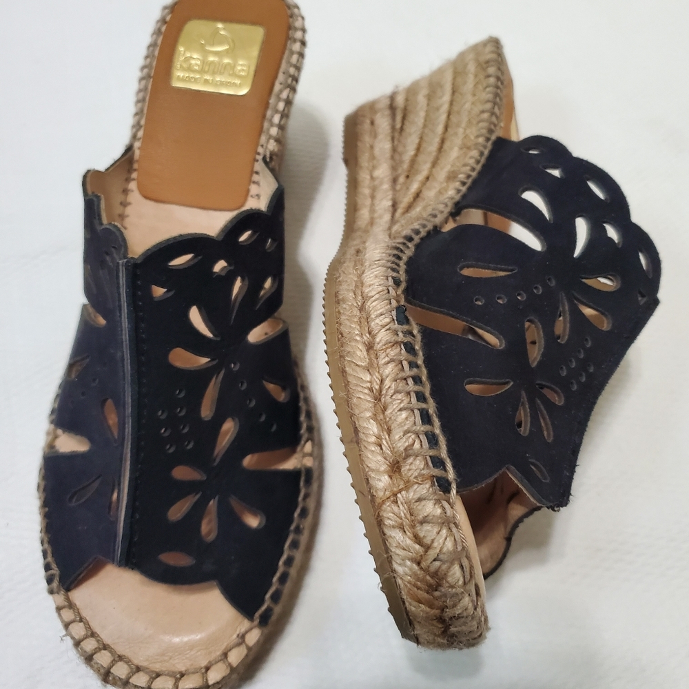 Kanna Black Leather Cutout Wedge Sandal EU 40 - Picture 7 of 10